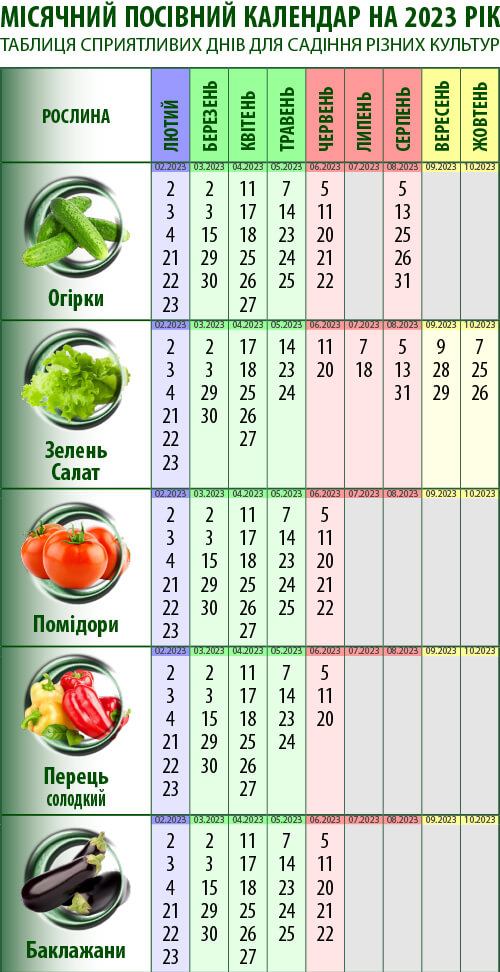 Посівний календар: огірки, зелень (салат), помідори, перець, баклажани