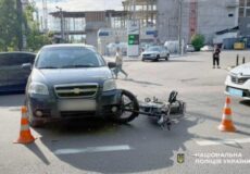 Gray SUV and a fallen motorcycle at an intersection, surrounded by traffic cones; construction site in the background and Ukrainian police logo.