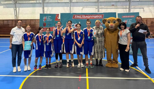 Youth basketball team in blue uniforms posing with medals in a gym, with coaches, officials, and a mascot bear nearby
