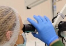 Person wearing a hairnet and blue gloves looks into a microscope in a lab setting.