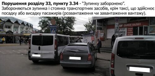 Street scene with three parked vehicles (white van, black car, white van) and a Ukrainian sign about stopping is prohibited and penalties.