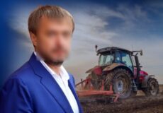 Poster from Ukraine's Prosecutor's Office with bold Ukrainian text accusing a former deputy of taking bribes through intermediary firms; foreground shows a blurred man in a blue suit and a tractor on a plowed field.