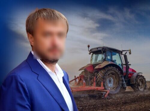 Poster from Ukraine's Prosecutor's Office with bold Ukrainian text accusing a former deputy of taking bribes through intermediary firms; foreground shows a blurred man in a blue suit and a tractor on a plowed field.