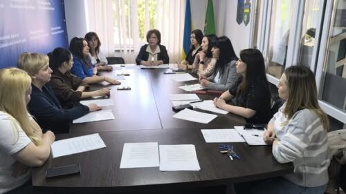 Group of ten women seated around a conference table in a meeting room, papers and notebooks laid out in front of them.