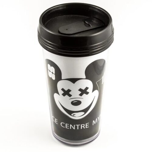 Travel mug with black lid and a panda graphic on a white label surface (brand design).