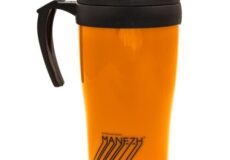 Orange insulated travel mug with black flip-top lid and side handle, viewed from the side.
