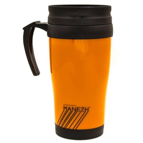 Orange insulated travel mug with black flip-top lid and side handle, viewed from the side.
