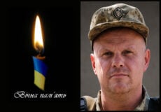 Left: lit candle with blue-yellow ribbon and Ukrainian phrase 'Eternal memory' in Ukrainian; right: a soldier in camouflage cap facing the camera.