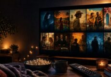 Cozy living room with a wall-mounted TV showing a collage of movie posters; popcorn, remote, and candles on a coffee table.