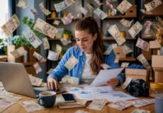 Woman working at a cluttered desk with a laptop and papers while money flies around her on all sides.