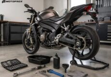 Black sport motorcycle on a rear stand in a workshop, surrounded by tools, oil bottle, and a toolbox on the floor.