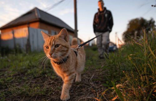 Orange tabby cat on a leash walking toward the camera in a grassy yard; a person stands in the background at sunset.