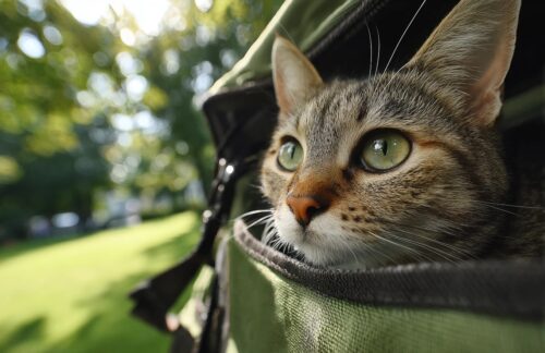 Close-up of a tabby cat with green eyes peering out of an open car window on a sunny day with a grassy yard in the background.