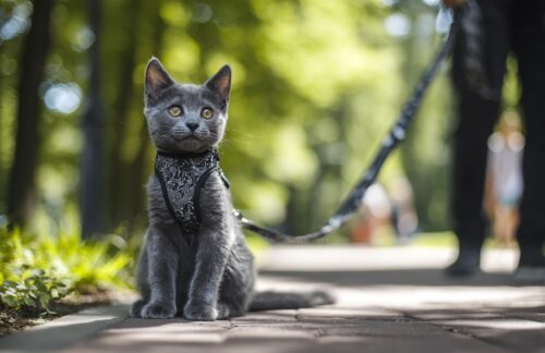 Gray cat wearing a harness sits on a sunlit park path, leash trailing off to a passerby in the background.