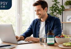 Man working on a laptop at a bright home desk with a FortiCare bottle and a bowl of fruit nearby.