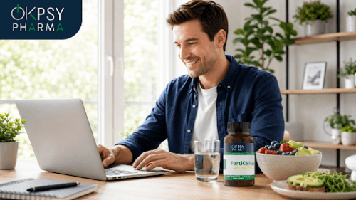 Man working on a laptop at a bright home desk with a FortiCare bottle and a bowl of fruit nearby.