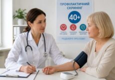 Doctor measures an elderly woman's blood pressure with a cuff in a clinic; preventive screening poster for 40+ in the background.