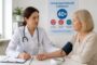 Doctor measures an elderly woman's blood pressure with a cuff in a clinic; preventive screening poster for 40+ in the background.
