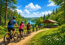 Group of cyclists wearing helmets ride mountain bikes along a dirt trail beside a lake, past a wooden pavilion on a sunny day.