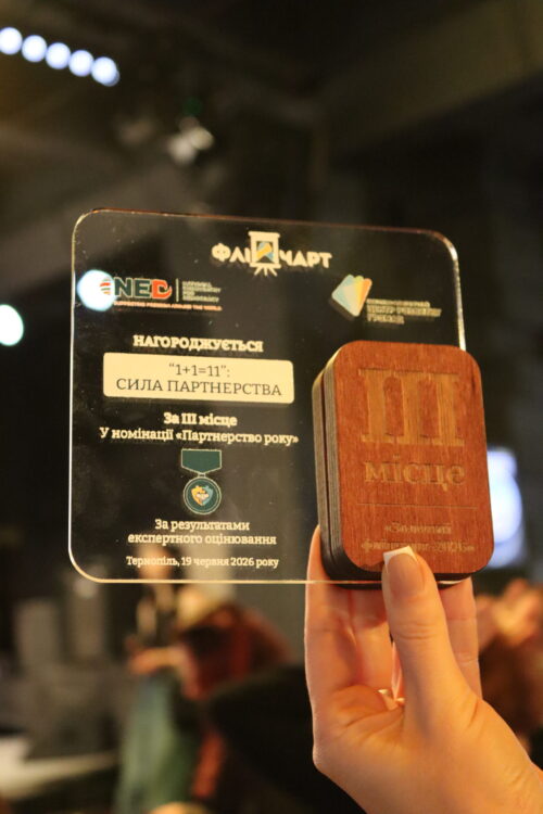 Transparent award plaque with logos and Ukrainian text, held by a person, beside a wooden trophy in a blurred background.