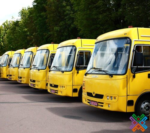 Row of yellow school buses parked in a lot with green trees in the background on a sunny day.