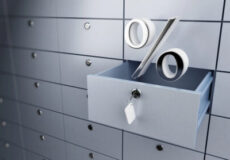 3D illustration of a blue mailbox with a large metal percent sign popping up from its opening, symbolizing savings or discounts.