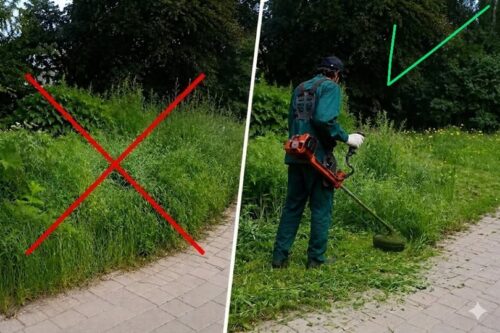 Split-image: left shows an incorrect gardening method marked with a red X; right shows a worker trimming grass along a sidewalk with a string trimmer.