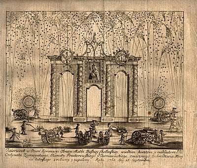 Engraved ceremonial stage with a central statue, flanked by arches and ornate gates, and a crowd in the foreground.