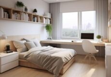 Bright dorm room with a single bed, white furniture, and a long desk by a large window; shelves and plants decorate the space.