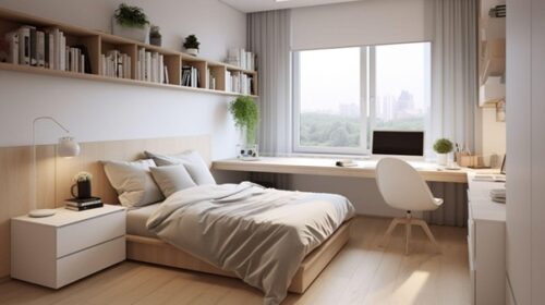 Bright dorm room with a single bed, white furniture, and a long desk by a large window; shelves and plants decorate the space.