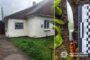 Side-by-side: a small white house with a green yard and paved path, overcast sky above.