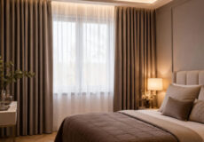 Modern bedroom with a large window, sheer curtains, gray drapes, and a neatly made bed with taupe bedding and pillows.