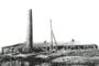 Old industrial building with a tall smokestack on a rocky hill, in a black-and-white landscape sketch.