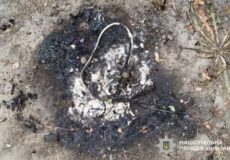 Charred debris with tangled wires on the ground, suggesting a detonated device; National Police of Ukraine watermark in the corner.
