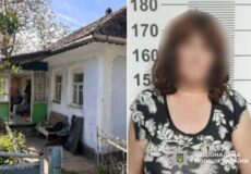 Side-by-side: a white rural house with damage on the left and a blurred mugshot of a woman against a height chart on the right.