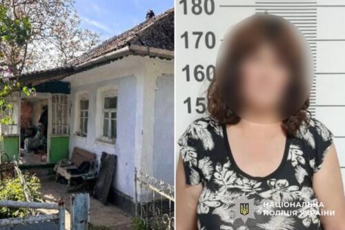 Side-by-side: a white rural house with damage on the left and a blurred mugshot of a woman against a height chart on the right.