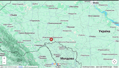 Map of western Ukraine and Moldova with a red pin marking a location in central Moldova