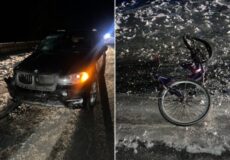 Nighttime split image: a black SUV with front-end damage on a wet road beside a fallen purple bicycle.