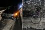 Nighttime split image: a black SUV with front-end damage on a wet road beside a fallen purple bicycle.