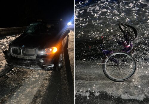 Nighttime split image: a black SUV with front-end damage on a wet road beside a fallen purple bicycle.