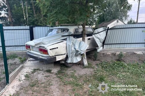 White sedan severely damaged at rear, crushed against a tree beside a metal fence in a yard; police watermark in bottom-right corner.