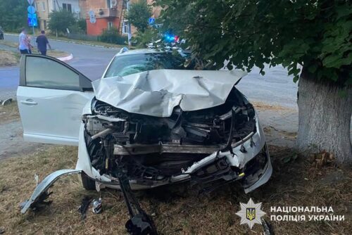 White car with severe front-end damage after a crash into a tree; driver's door open and police presence in the background.