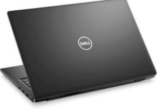 Closed dark gray Dell laptop viewed from an angled rear side, showing the Dell logo on the lid.