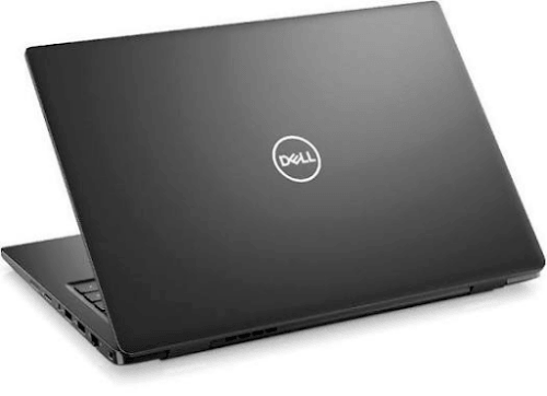 Closed dark gray Dell laptop viewed from an angled rear side, showing the Dell logo on the lid.