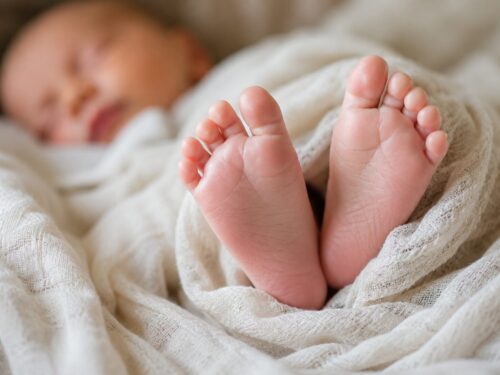 Close-up of a sleeping baby's feet wrapped in a soft blanket.