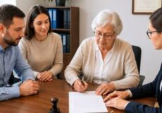 Four professionals sit around a wooden conference table as an elderly woman signs a document with a pen, watched by three colleagues in a bright office setting with a certificate on the wall.