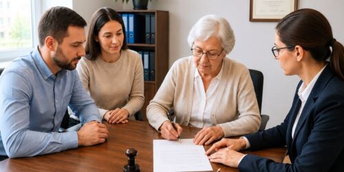 Four professionals sit around a wooden conference table as an elderly woman signs a document with a pen, watched by three colleagues in a bright office setting with a certificate on the wall.