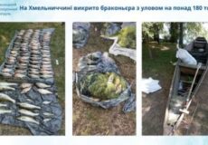 Three-photo collage of confiscated fish: rows on a tarp, a bagged pile in the center, and a boat with gear on the right—from an illegal fishing bust in Khmelnytskyi region.