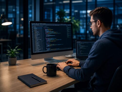 Man coding at a wooden desk with two monitors showing code, a mug, notebook, and plant in a dim blue-lit office.