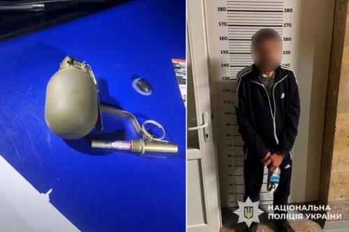 Left: a discarded hand grenade or explosive device with pin and wiring on a blue surface; right: a blurred man in a dark tracksuit standing by a height-measuring wall during a police mugshot (Ukrainian police emblem)